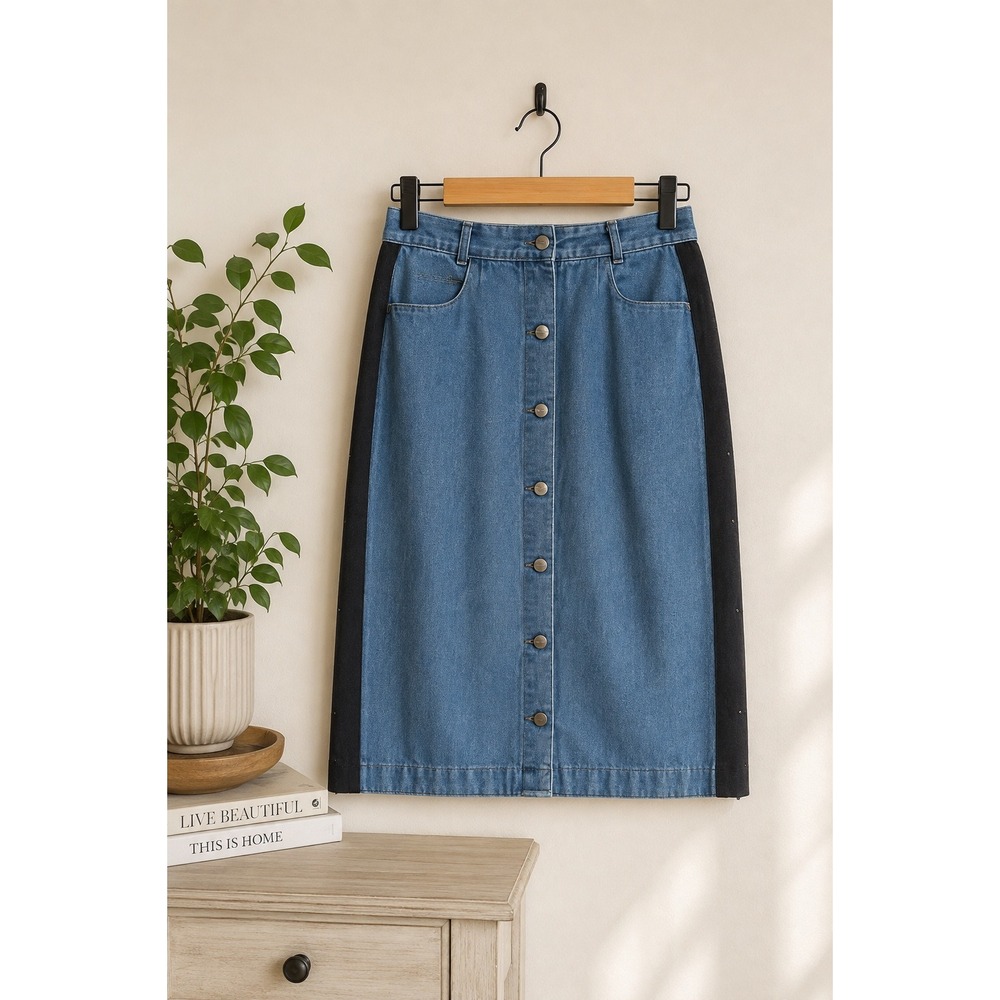Vintage Denim Midi Skirt Black Studded Side Panels 90s Grunge Modest Prairie L